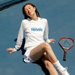 Happiness Is... Women's Tennis Sweatshirt - White/Blue -Court Legends Store f72618